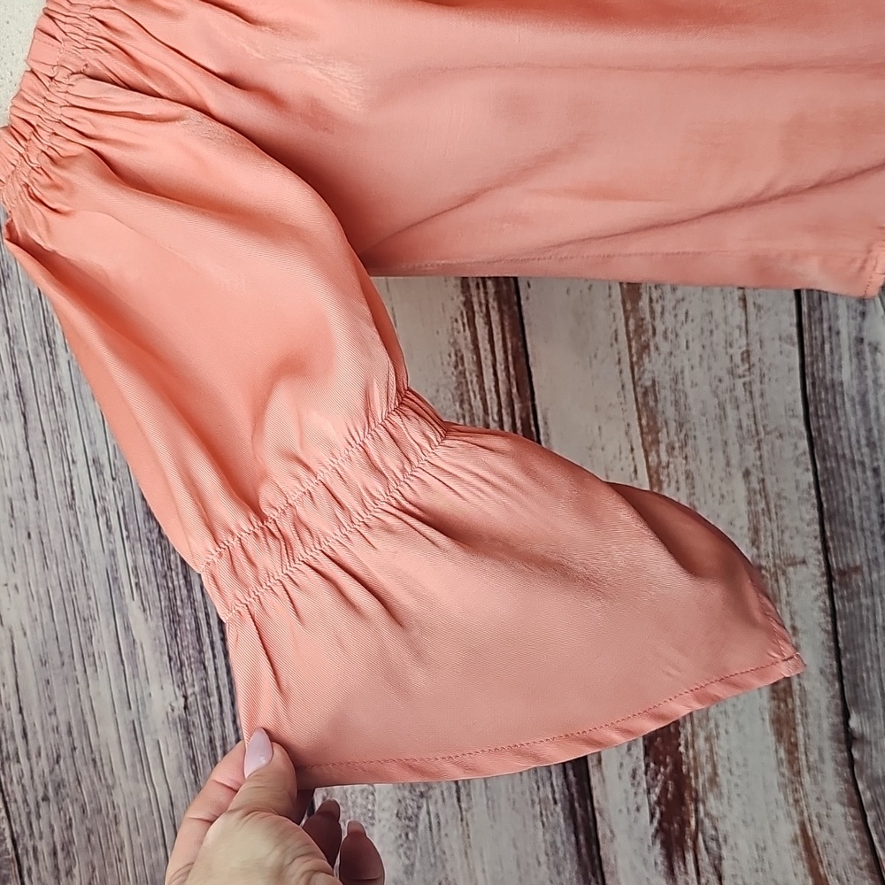 NOBLE U MELON OFF THE SHOULDER 3/4 ASYMMETRICAL SLEEVE BABYDOLL CROP TOP - Picture 9 of 12